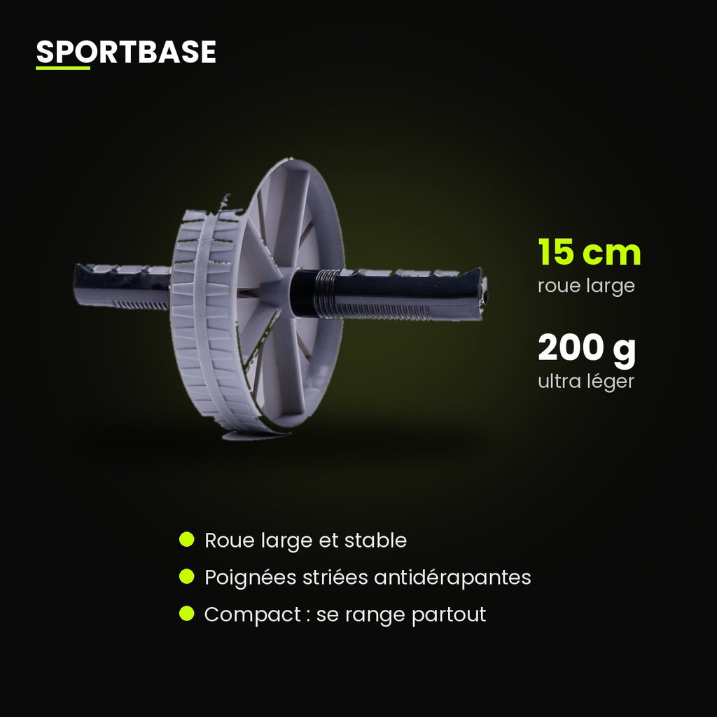 Caractéristiques de l'ab roller : roue large de 15 cm et poignées antidérapantes