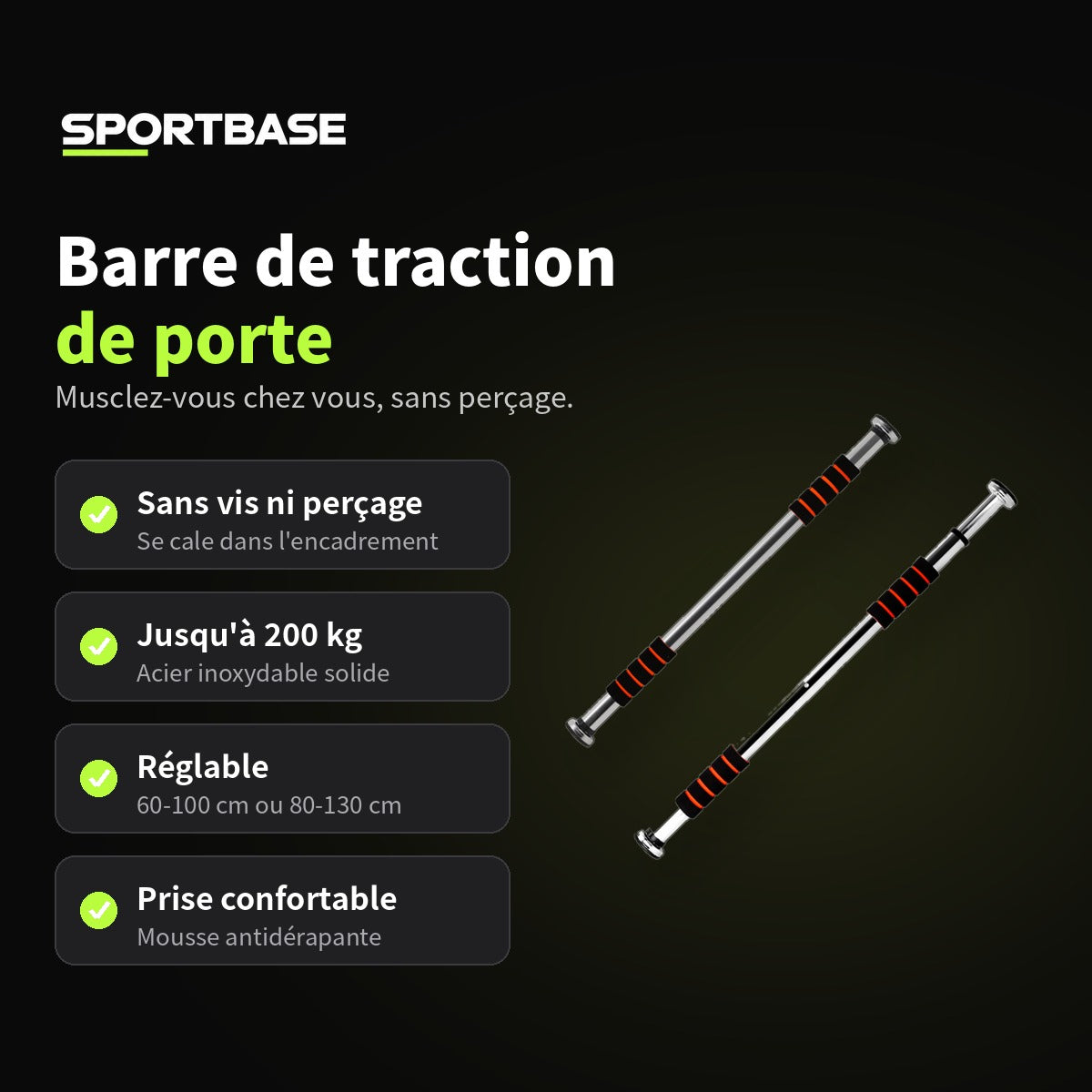Barre de traction de porte réglable, vue détaillée