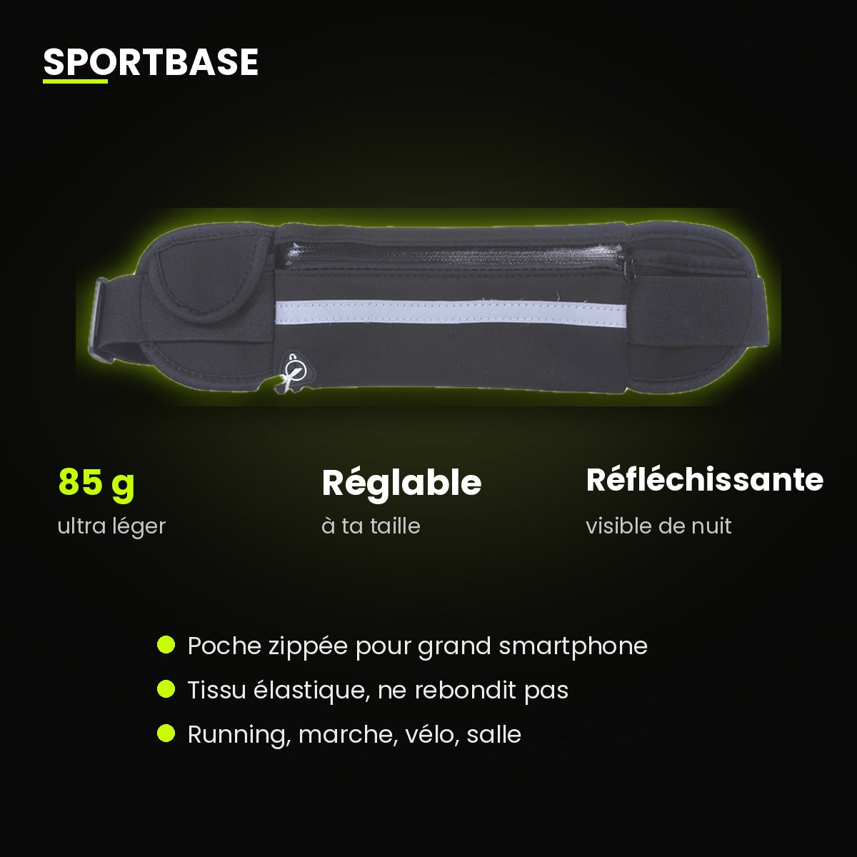 Caractéristiques de la ceinture de running : poche zippée et bande réfléchissante