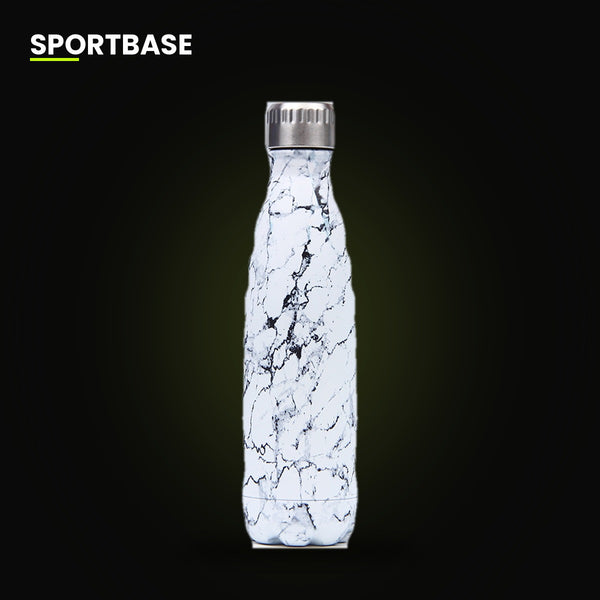 Gourde isotherme inox Sportbase, motif marbre blanc, vue studio